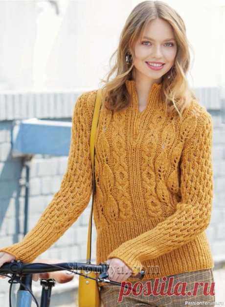 Приталенный шерстяной пуловер с миксом узоров | Вязание для женщин спицами. Схемы вязания спицами Красивый пуловер спицами с застежкой-молнией на горловине связан узорами из «кос», ажура и «листьев» из шерсти на спицах № 7. Размер: 38/40. 
Вам потребуется: 450 г пряжи цвета охры Lana Grossa «Landlust Merino 120» (94% натуральной шерсти, 6% полиамида; 120 м/50 г); спицы № 6 и 7;...