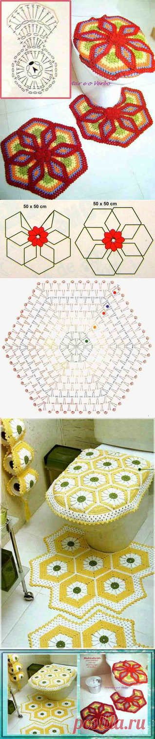 Набор ковриков в ванную (туалет) из шестиугольных мотивов, схема,вязание крючком