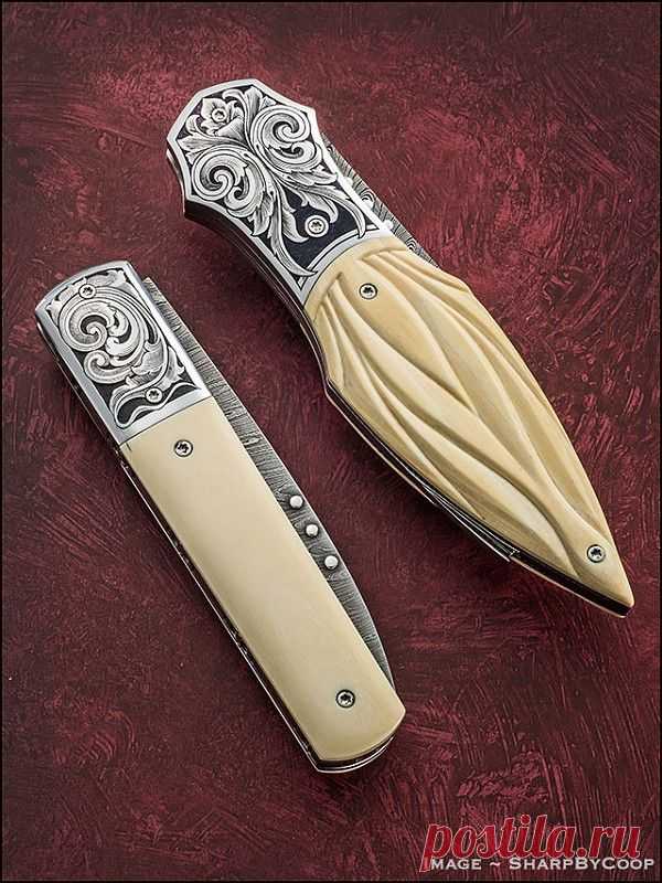 Ножи складные. Гравировка. Растительный орнамент. Резьба по кости.