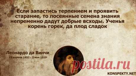 Если запастись терпением и проявить старание, то посеянные семена знания непременно дадут добрые всходы
#konspektynet, #цитаты, #высказывания, #афоризмы, #терпение, #успех, #цели, #ЛеонардодаВинчи, #труд