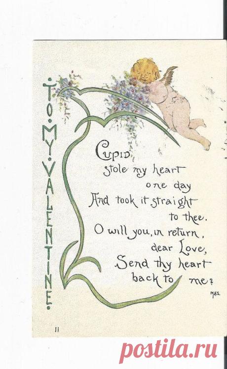 Beautiful 1910 Cupid Valentine Postcard Published by F A Owen Co Dansville NY
