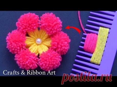 Super Easy Woolen Craft Ideas with Hair Comb - DIY Pom Pom Flower - Hand Embroidery Amazing Trick