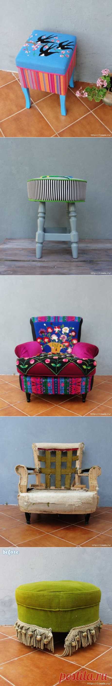Старые табуретки в красивые Османские пуфики.мастер - класс.