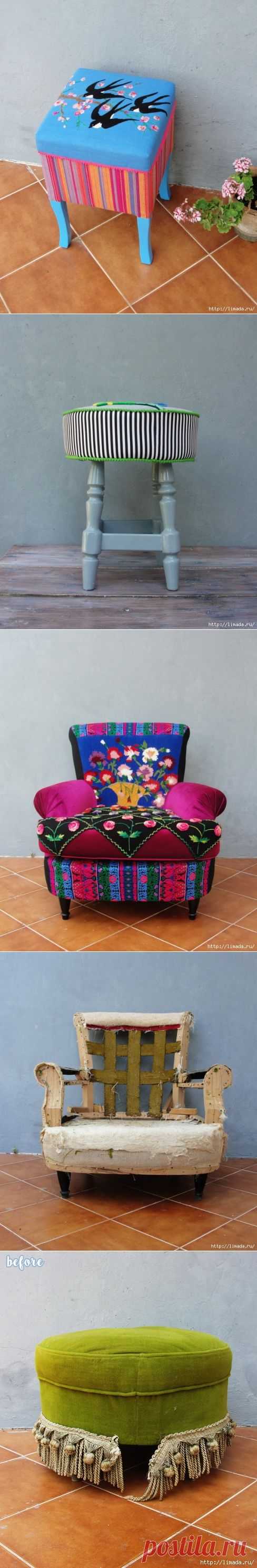 Старые табуретки в красивые Османские пуфики.мастер - класс.