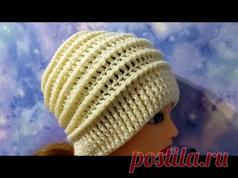 Шапка рельефными столбиками крючком.Шапка быстро, просто, красиво крючком на любой размер.