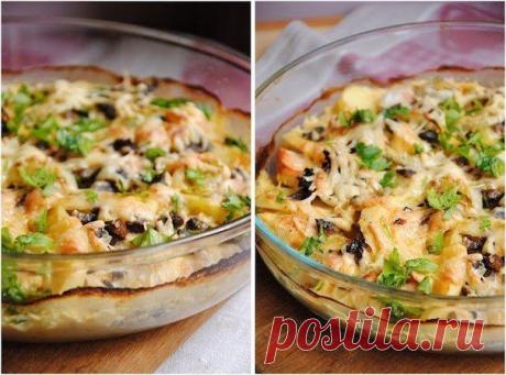 Картофельный гратен с курицей и грибами