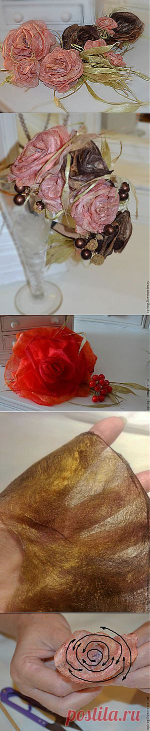 Розы из шелковых и растительных волокон. Мастер-класс.