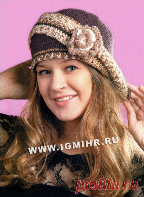 Шляпка с отворотом и цветком для романтической леди. Крючок
