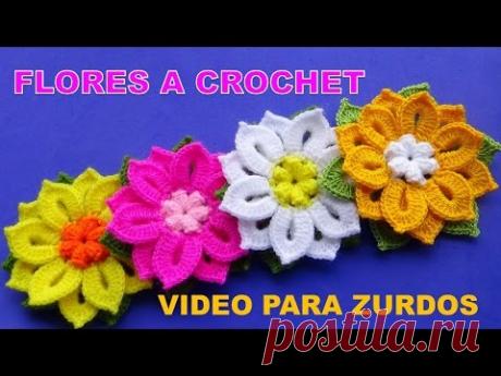 Para ZURDOS: Te encantarán estas lindas flores tejidas a crochet en diferentes colores con hojitas