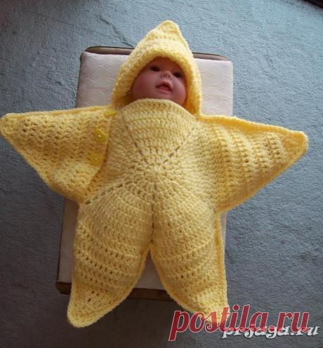 Конверт для новорожденного крючком «Звездочка»
Описание: https://prjaga.ru/vyazanie-dlya-detej/konvert-spalnik/konvert-dlya-novorozhdennogo-kryuchkom-zvezdochka
