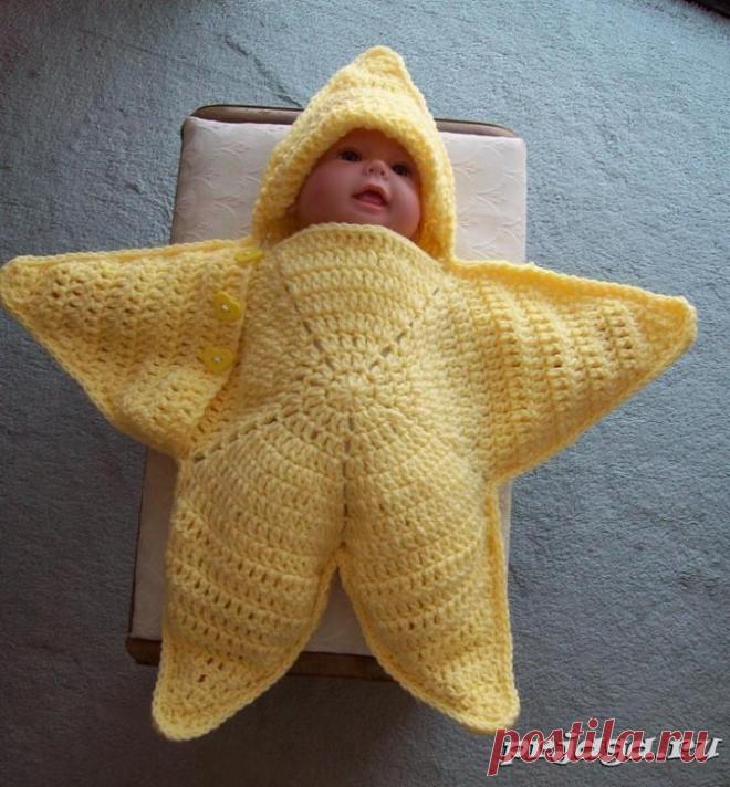 Конверт для новорожденного крючком «Звездочка»
Описание: http://prjaga.ru/vyazanie-dlya-detej/konvert-spalnik/konvert-dlya-novorozhdennogo-kryuchkom-zvezdochka