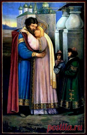 Святой Благоверный Князь Михаил Тверской прощается со своей супругой - Святой Благоверной Княгиней Анной Кашинской - при отправлении в Орду. Икона. Россия, начало XX века.Открытки на День памяти святого благоверного князя Михаила Тверского