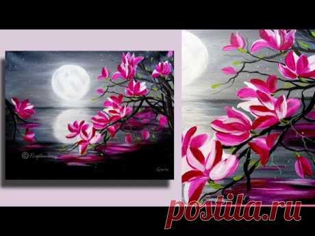 Step by Step acrylic painting on canvas for beginners | moon light night Painting | Tree of Magnolia - YouTube