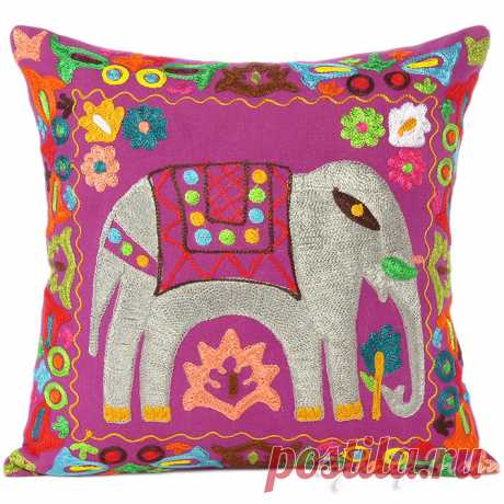 Purple Colorful Decorative Embroidered Sofa Throw Bohemian Pillow Couch Cushion Cover - 16, 18" | Embroidered Pillows | Eyes of India