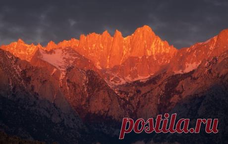 Гора Уитни «пылает» в рассветных лучах. Сьерра-Невада, США. Фотограф – Сергей Луканкин: nat-geo.ru/community/user/49624/