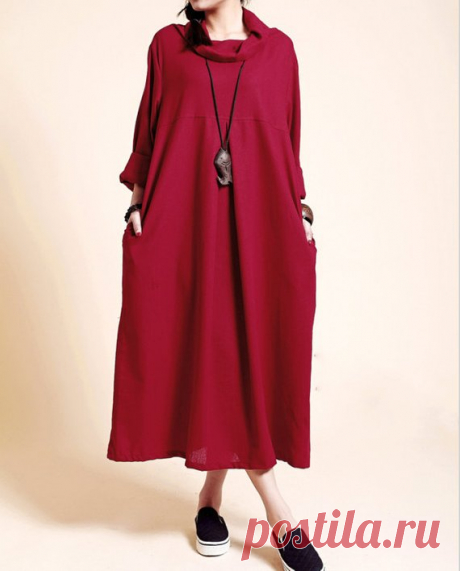 Linen Loose Fitting dress, Maxi dress in dark red, Kaftan dress, women Turtleneck Dress 【Fabric】 Cotton, linen 【Color】 dark red 【Size】 Shoulder 42cm/ 16.4  Bust 110cm/ 43 Sleeve 53cm/ 21 Waist 120cm/ 47  length 116cm/ 45.2 Hem 160cm/ 62   Have any questions please contact me and I will be happy to help you.