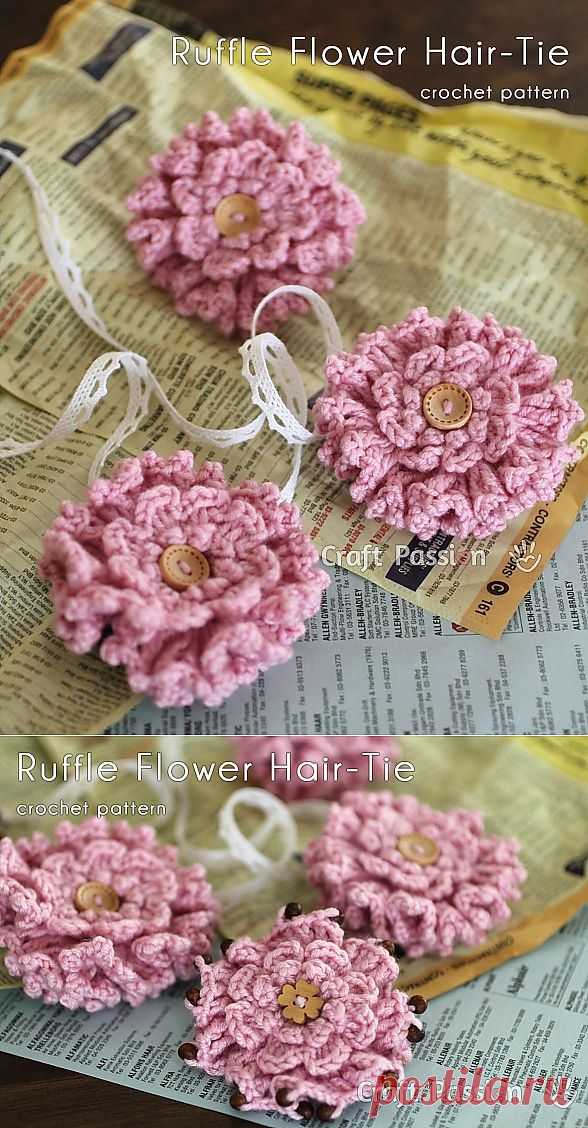 Crochet | Layered Ruffle Flower Hair-Tie | Free Pattern & Tutorial at CraftPassion.com