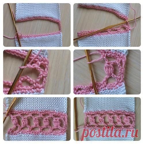 СПОСОБ СОЕДИНЕНИЯ ДЕТАЛЕЙ ВЯЗАНОГО ИЗДЕЛИЯ КРЮЧКОМ

1. Обвязать край полотна столбиками без накида. Тут главное не стянуть и не расфалдить край, поэтому я обвязваю в ритме 