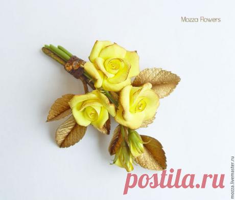 Купить "Клеопатра". Заколка/брошь/гребень. Полимерная глина. - золотой, желтые розы, золотые листья, заколка с цветами