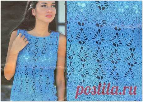 Красивый и очень простой топ | Женская одежда крючком. Схемы и описание Красивый и очень простой топ, связанный крючком. Прямой крой, убавления делаются только под проймы и горловину.Для такого топа хорошо подойдёт тонкая пряжа из 100% хлопка. Например такая, как Yarnart Lily, СОСО, Missв 50 гр от 240 м.