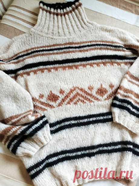 "Горный" свитер с полосками и жаккардом. Подробное описание вязания спицами | Стильное вязание KNITMILO | Дзен