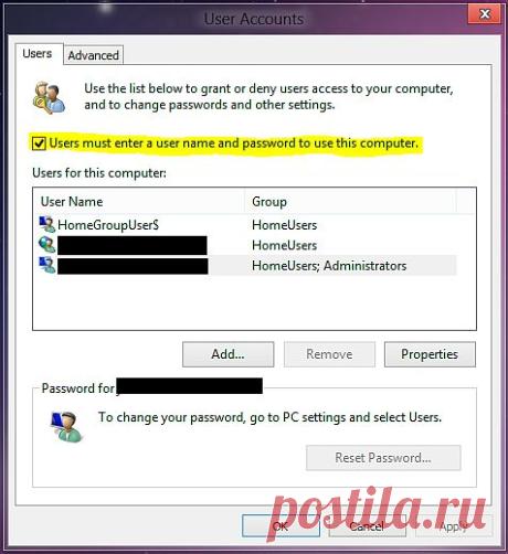 Как отключить пароль для входа в Windows 8
