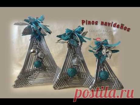 Pinos navideños, cestería con papel periódico - Christmas pins, basketry with newspaper