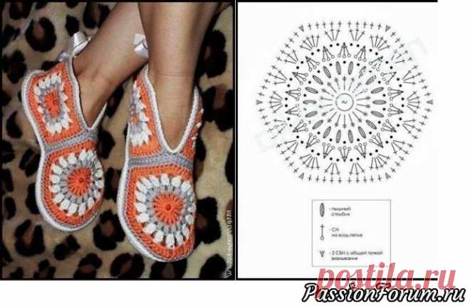 Вяжем тапочки из мотивов. Схемы |