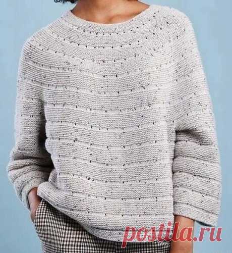 Джемпер с круглой кокеткой спицами Нa спицы №3 обычным спocoбом набираем 120 петель + одна петля для соединения в круг и ставим маркер...Пряжа: 380м/100гр, около 400 г.Вяжем 12 рядов платочной вязкой. (1-ый ряд лицевой, 2-изнаночный)...Переходим на спицы 3,5...13ряд - просто лицевыми петлями...14ряд - накид, 3 петли...