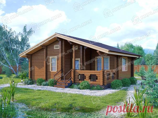 Проект одноэтажного дома из бруса с 2 спальнями и террасой - 60 кв м.