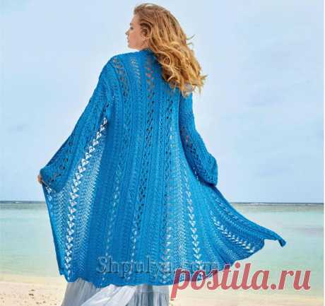 Длинный ажурный кардиган лазурного цвета &amp;mdash; Shpulya.com - схемы с описанием для вязания спицами и крючком