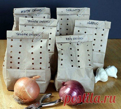 Храни лук и чеснок в перфорированных пакетах.......так они сохранятся гораздо дольше.