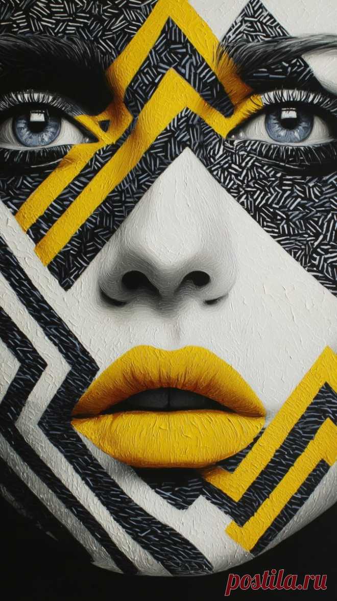 Загадочный взгляд: черно-белая портретная композиция с яркими акцентами губ и волос. Изображение из нейросети Midjourney - Midjourney примеры промтов - Форум ИИ о нейросетях - Yes Ai