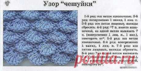 Необычный узор, похожий на чешуйки рыб. 

Применяется в вязании жакетов, свитеров, кардиганов, шапок и как отделка вязаных изделий. А также прекрасно подходит для вязания сумок.

 Набираем 39 + 2 кромочные петли.
 1 ряд: изнаночные петли;
 2 ряд: вяжем попеременно 1 накид, 1 лицевая петля. Повторяем до конца ряда;
 3 ряд: провязываем лицевыми петлями, накиды сбрасываем;
 4 ряд: повторяем от * и до*. Провязываем * 7 петель вместе изнаночной ; из одной петли вывязываем 7 пет...