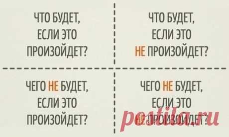 Простой способ принять решение.  Шикарная сильная штука. Всегда работает.  Перед вами очень полезная и простая техника для принятия решений — квадрат Декарта. Ее суть заключается в том, что нужно рассмотреть проблему/ситуацию, ответив всего на 4 вопроса.  Ответьте честно на следующие вопросы:  - Что будет, если это произойдет? (Что я получу, плюсы от этого).  - Что будет, если это не произойдет? (Все останется так, как было, плюсы от неполучения желаемого).  - Чего НЕ будет, если это…
