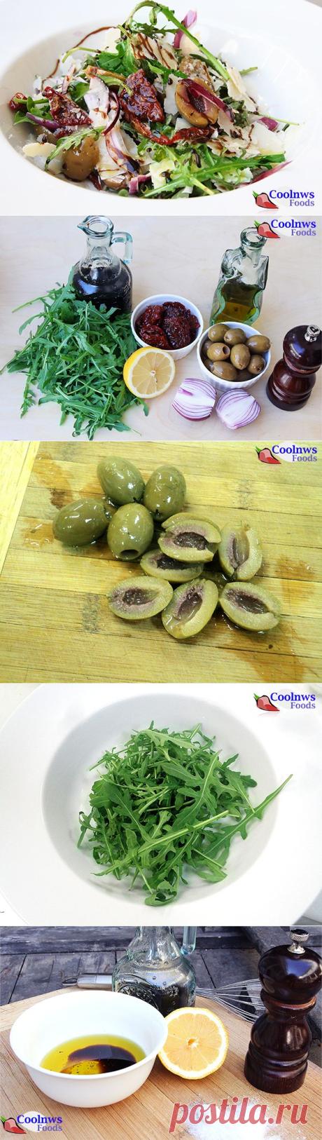 Итальянский салат из рукколы с вялеными томатами и оливками | Четыре вкуса
