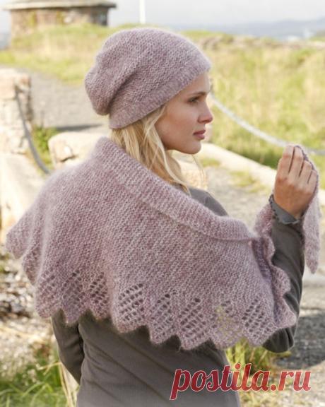 Шапка и шаль из мохера &quot;Изысканность&quot;, связанные  спицами