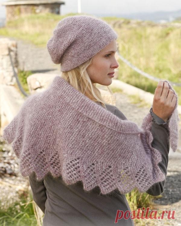 Шапка и шаль из мохера "Изысканность", связанные  спицами
