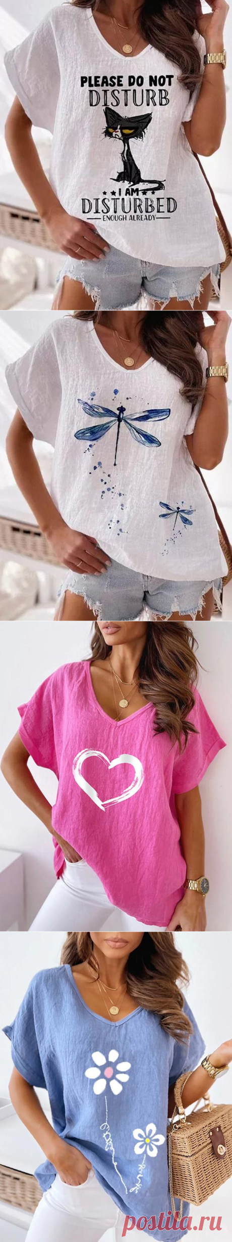 Summer printed short-sleeved V-neck shirt T-shirts blouses - Cicicloth