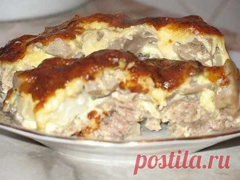 Мясная запеканка с картофелем, грибами и сыром