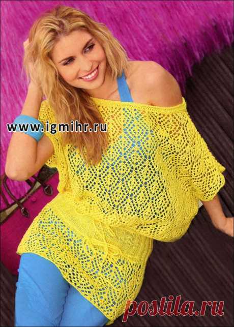 Желтая туника с филигранными ажурными узорами. Спицы
