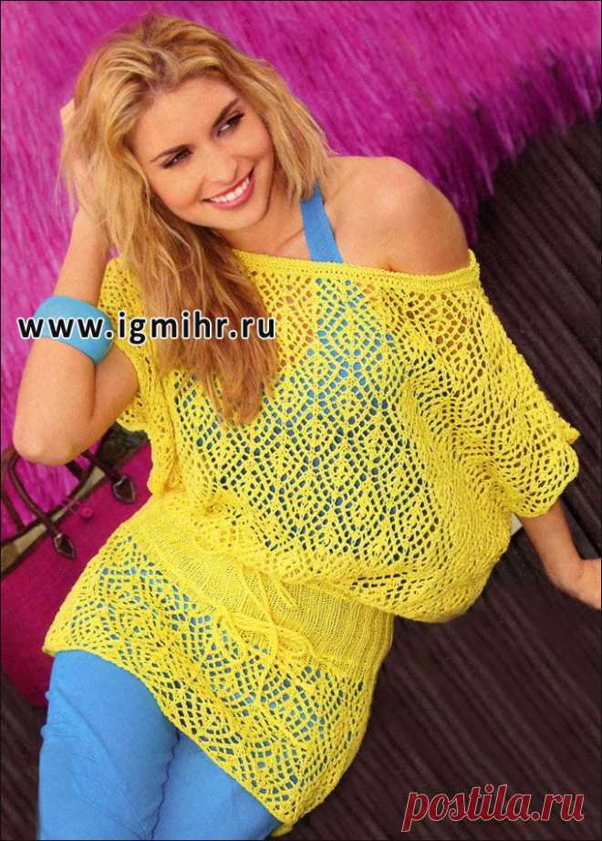 Желтая туника с филигранными ажурными узорами. Спицы