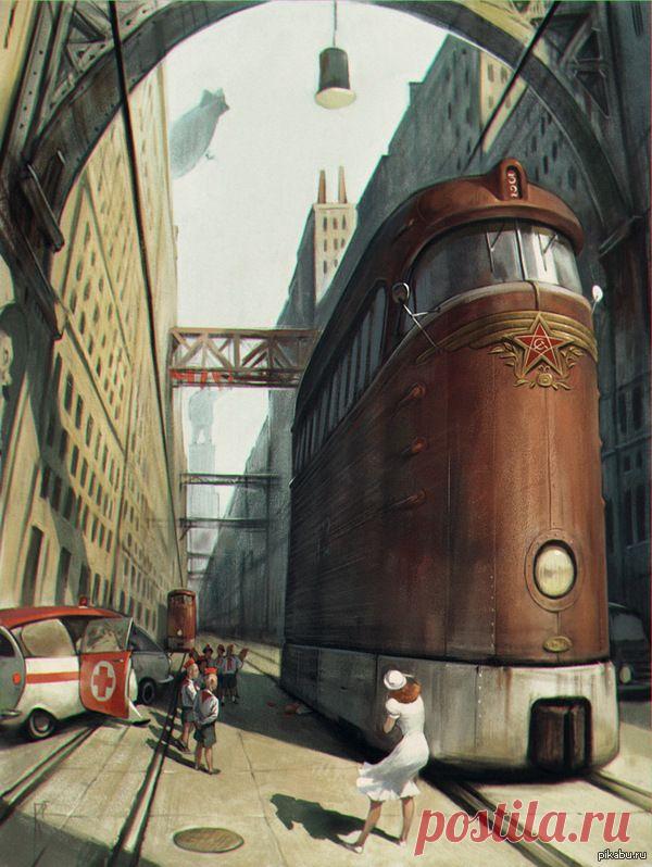 Дизельпанк. СССР. Трамвай. Город.