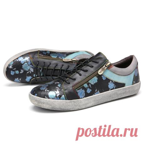 SOCOFY Retro Leather Printing Pattern Stitching Zipper Lace Up Flat Sneakers - US$62.99