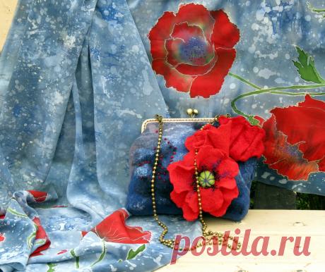 Комплект &quot;Ночные маки&quot; Палантин из натурального шелка расписанный вручную в технике батик, сумочка валяная в технике мокрого валяния (шерсть, натуральные волокна, металлическая фурнитура, подкладочная ткань)