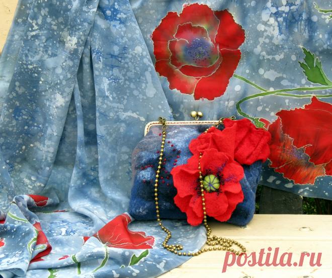 Комплект "Ночные маки" Палантин из натурального шелка расписанный вручную в технике батик, сумочка валяная в технике мокрого валяния (шерсть, натуральные волокна, металлическая фурнитура, подкладочная ткань)