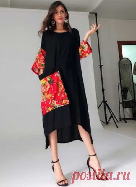 Vestidos Casual Chinês Floral Assimétrico de Manga 3/4  - Floryday @ floryday.com