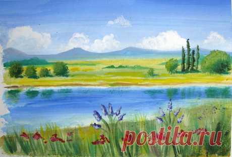 У реки. Гуашь.