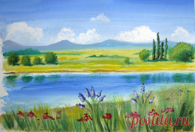 У реки. Гуашь.