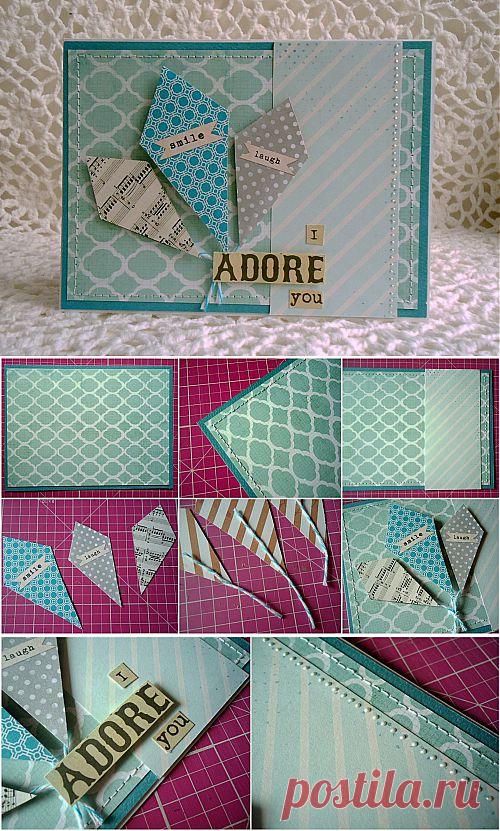 Открытка бирюзового цвета с воздушными змеями / Скрапбукинг / В рукоделии